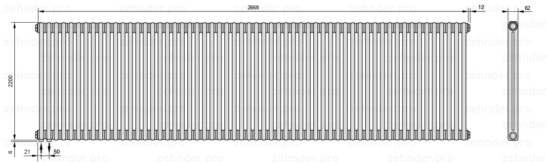 Схема (чертеж) Радиатор Zehnder Charleston 2220/58 №3370 Белый глянцевый RAL 9016